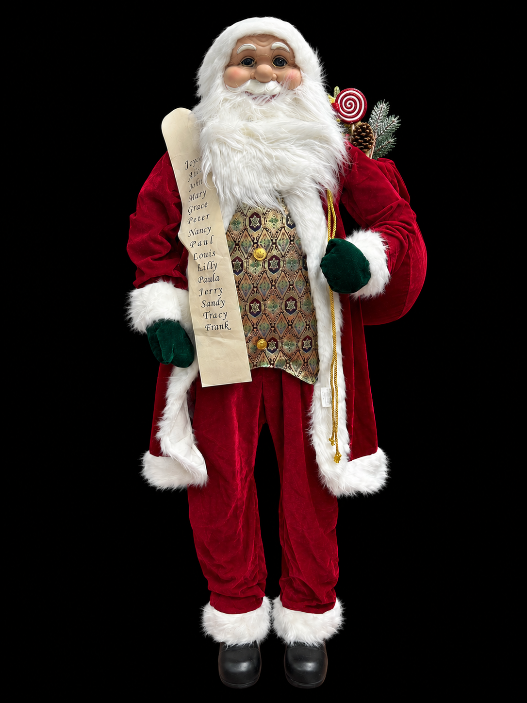 Moș Crăciun Uriaș Decorativ – Costum Roșu Elegant, Sac cu Cadouri și Listă cu Nume - 180cm